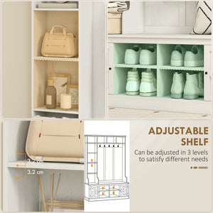 Hall Tree with Bench and Shoe Storage, Entryway Bench with Coat Rack, 12 Shelves, 2 Cabinets, 5 Hooks, White Wood Grain