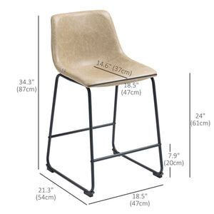 Counter Height Bar Stools Set of 2, Vintage PU Leather Bar Chairs, Kitchen Stool with Footrest, Beige
