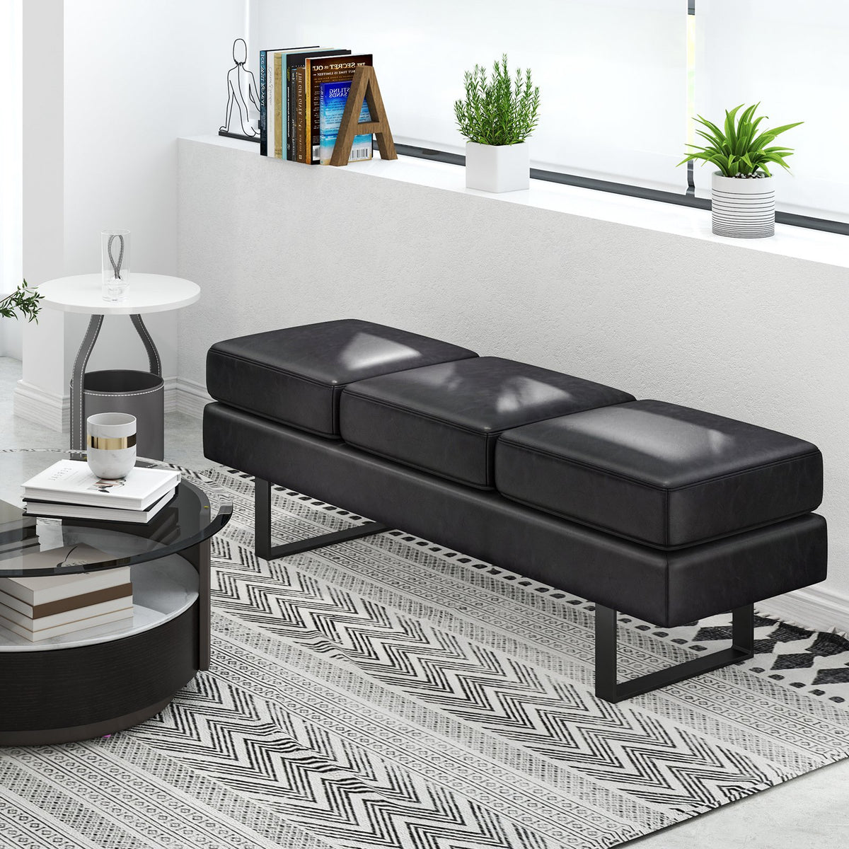 Waiting Room Bench Seating Long Bench with Metal Frame Leg-Black view 2
