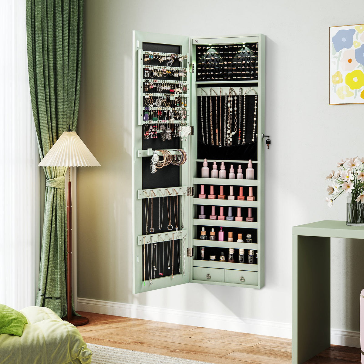 Wall and Door Mounted Mirrored Jewelry Cabinet with Lights-Green view 2