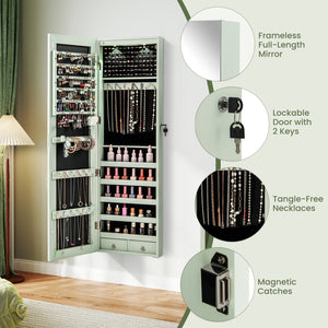 Wall and Door Mounted Mirrored Jewelry Cabinet with Lights-Green view 6