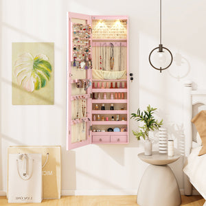 Wall and Door Mounted Mirrored Jewelry Cabinet with Lights-Pink view 2