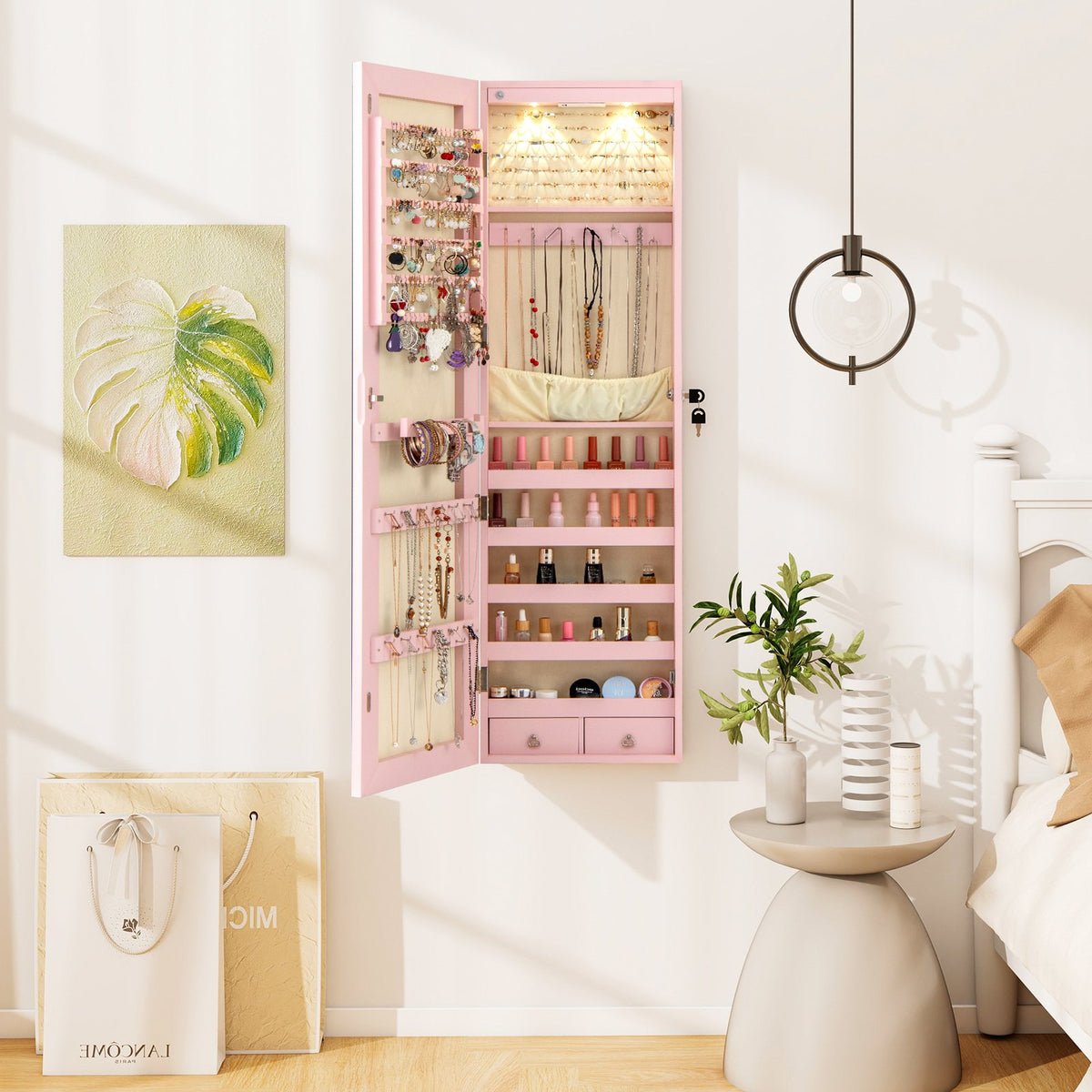 Wall and Door Mounted Mirrored Jewelry Cabinet with Lights-Pink view 2