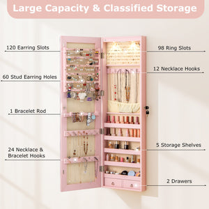 Wall and Door Mounted Mirrored Jewelry Cabinet with Lights-Pink view 6