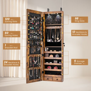 Wall and Door Mounted Mirrored Jewelry Cabinet with Lights-Rustic Brown view 6