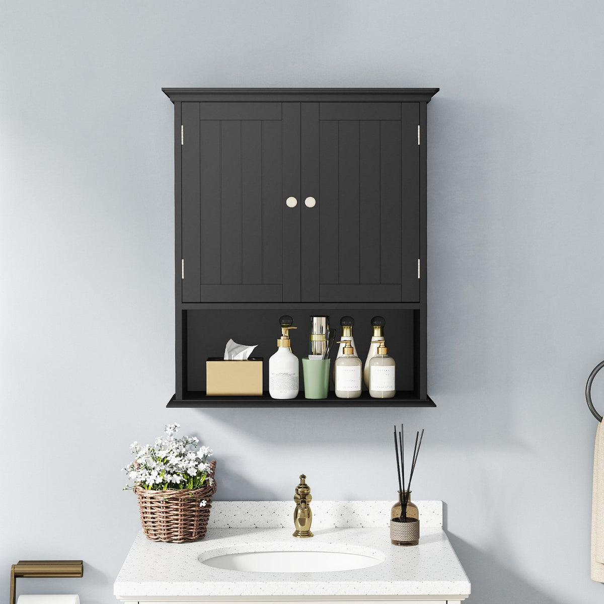 Wall Mount Bathroom Cabinet Storage Organizer with Doors and Shelves-Black view 2