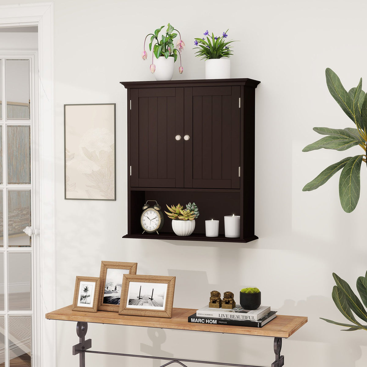 Wall Mount Bathroom Cabinet Storage Organizer with Doors and Shelves-Brown view 2