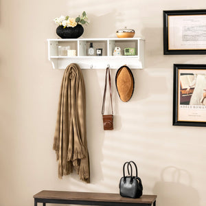 Wall Mount Cubby Organizer Hooks Entryway Storage Shelf-White view 7