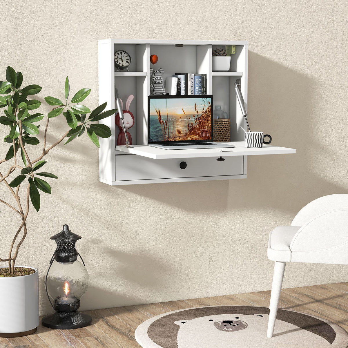 Wall-Mount Floating Desk Foldable Space Saving Laptop Workstation White view 2