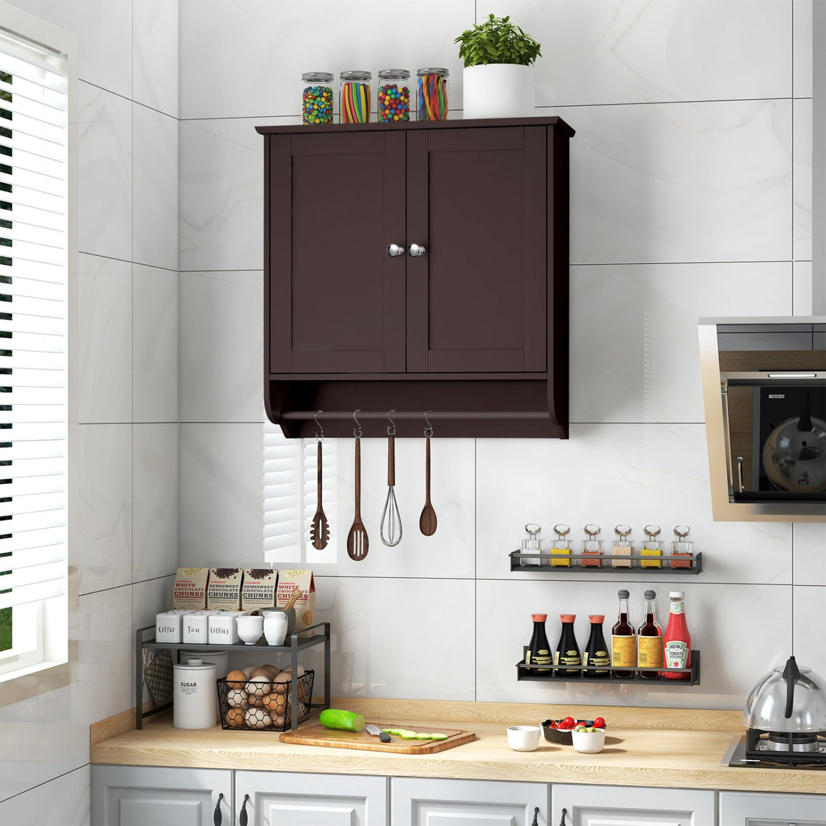 Wall Mounted Bathroom Storage Medicine Cabinet with Towel Bar-Brown view 2