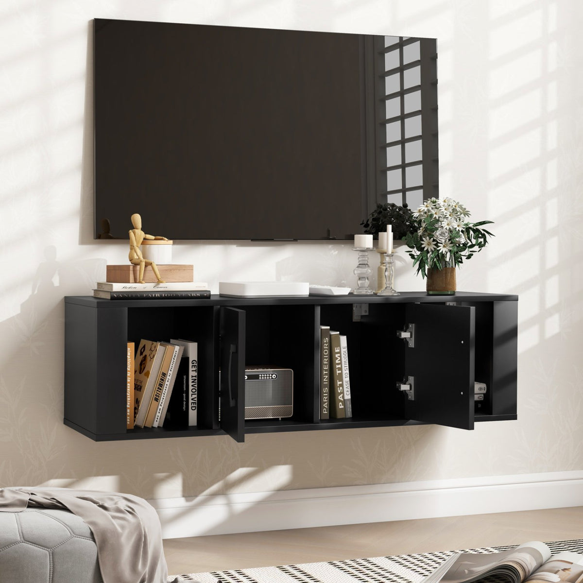 Wall Mounted Floating 2 Door Desk Hutch Storage Shelves view 2