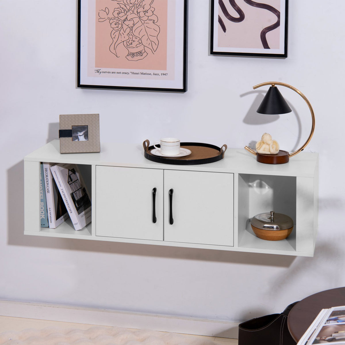 Wall Mounted Floating 2 Door Desk Hutch Storage Shelves-White view 2