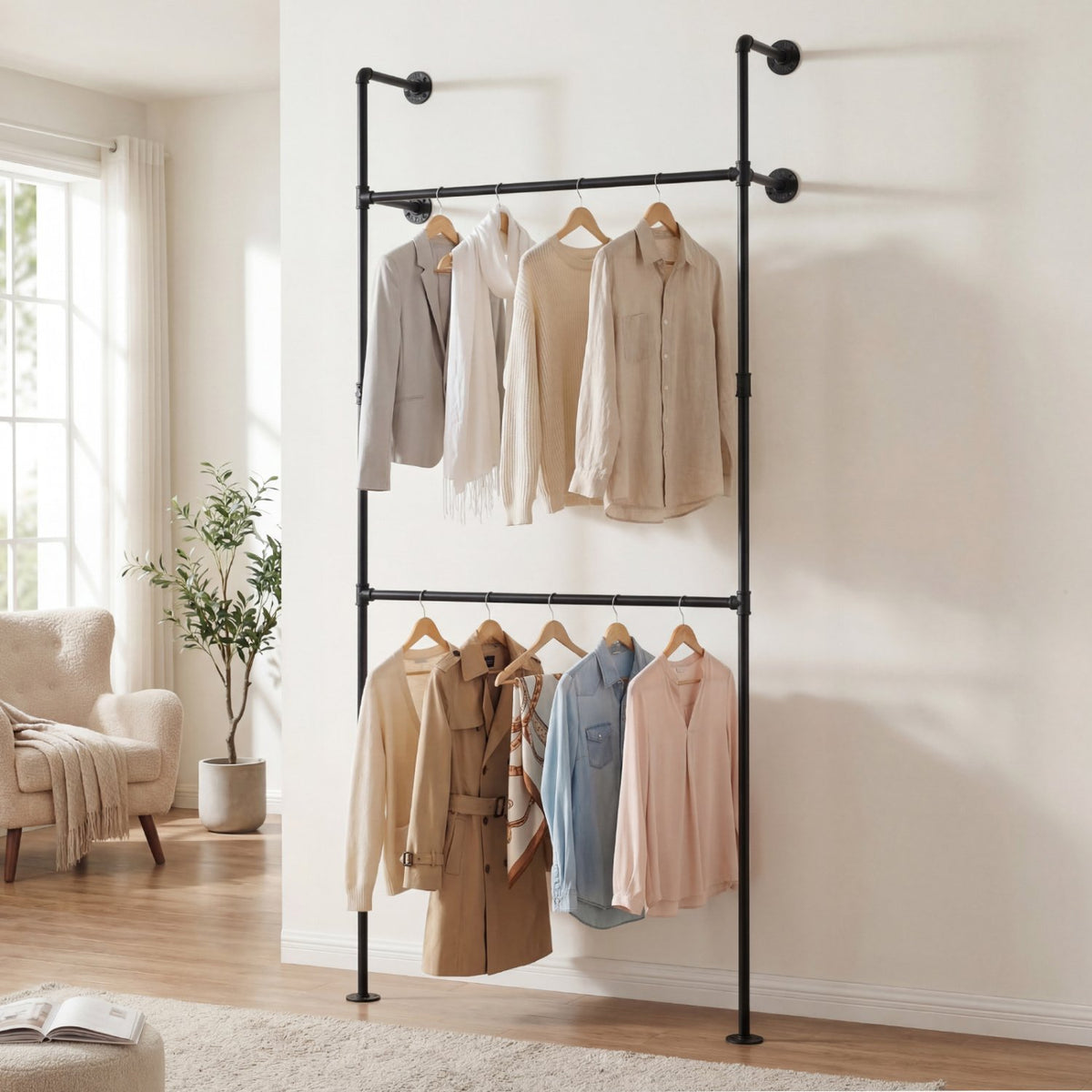Wall Mounted Pipe Clothing Rack with 2 Hanging Rods-Black view 2