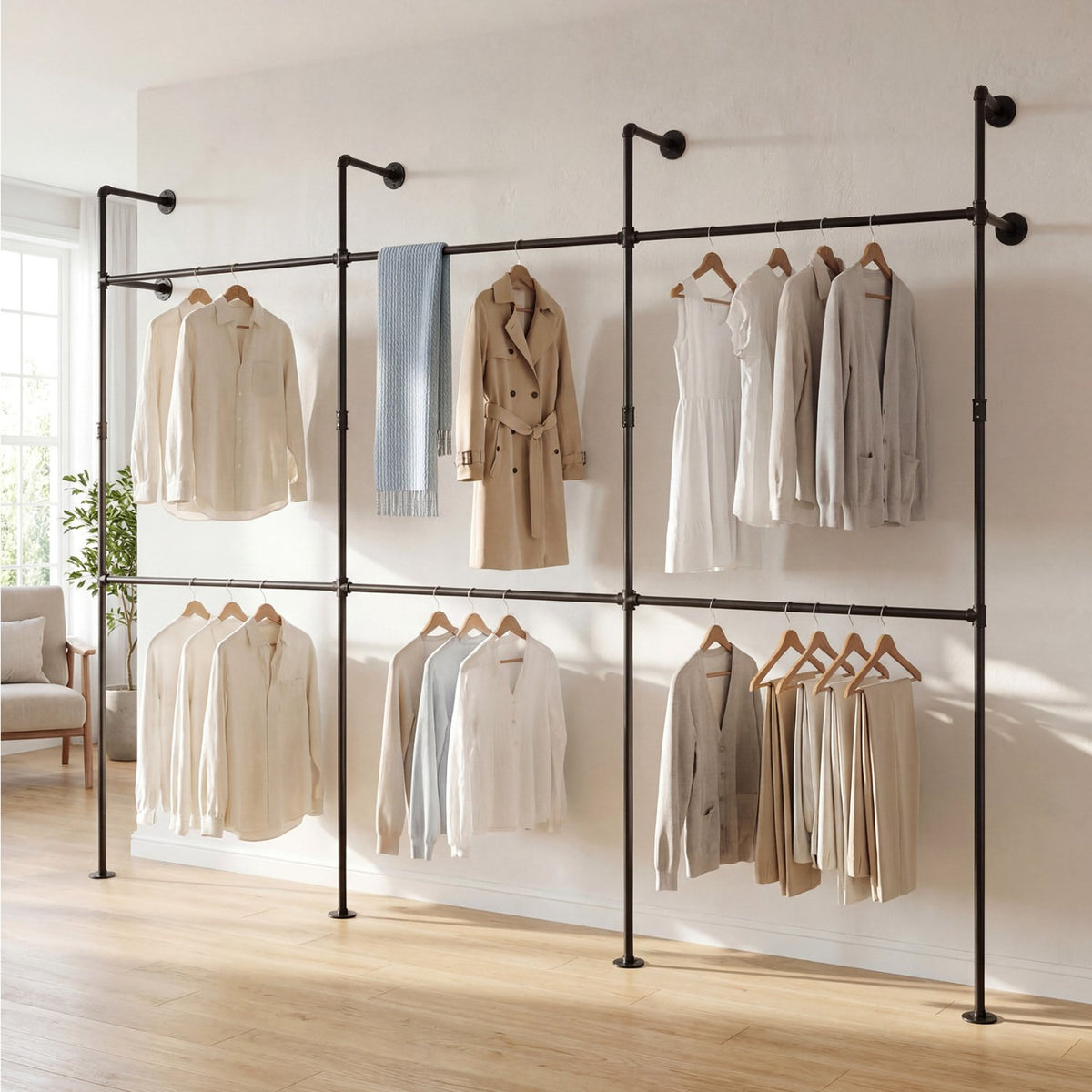 Wall Mounted Pipe Clothing Rack with 6 Hanging Rods-Black view 2