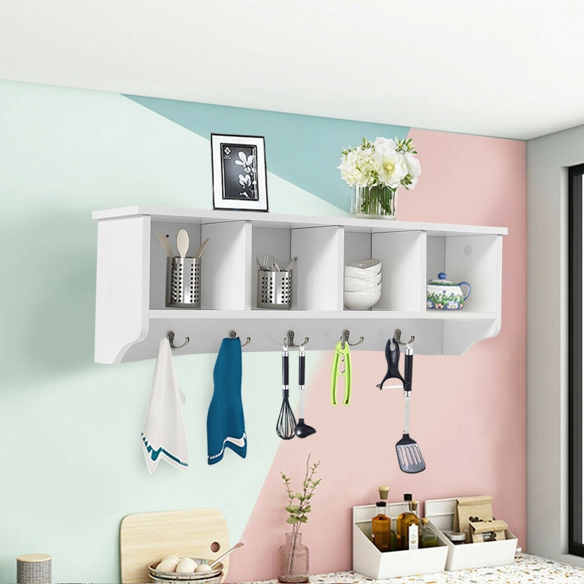 Wall-Mounted Storage Cabinet Hanging Entryway Shelf Coat Rack view 2