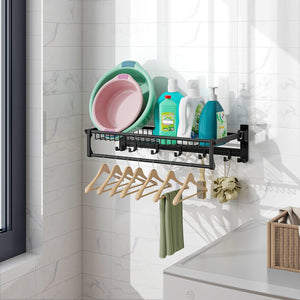 Wall Mounted Towel Shelf with Adjustable Towel Bar and Movable Hooks No Assembly Required view 6