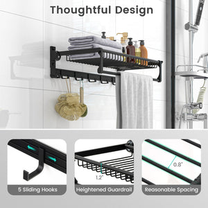 Wall Mounted Towel Shelf with Adjustable Towel Bar and Movable Hooks No Assembly Required view 7