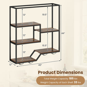 Wall Mounted Wine Rack 6-Tier Hanging Bar Shelf with Bottle Display Shelf and Glass Holder-Rustic Brown view 5