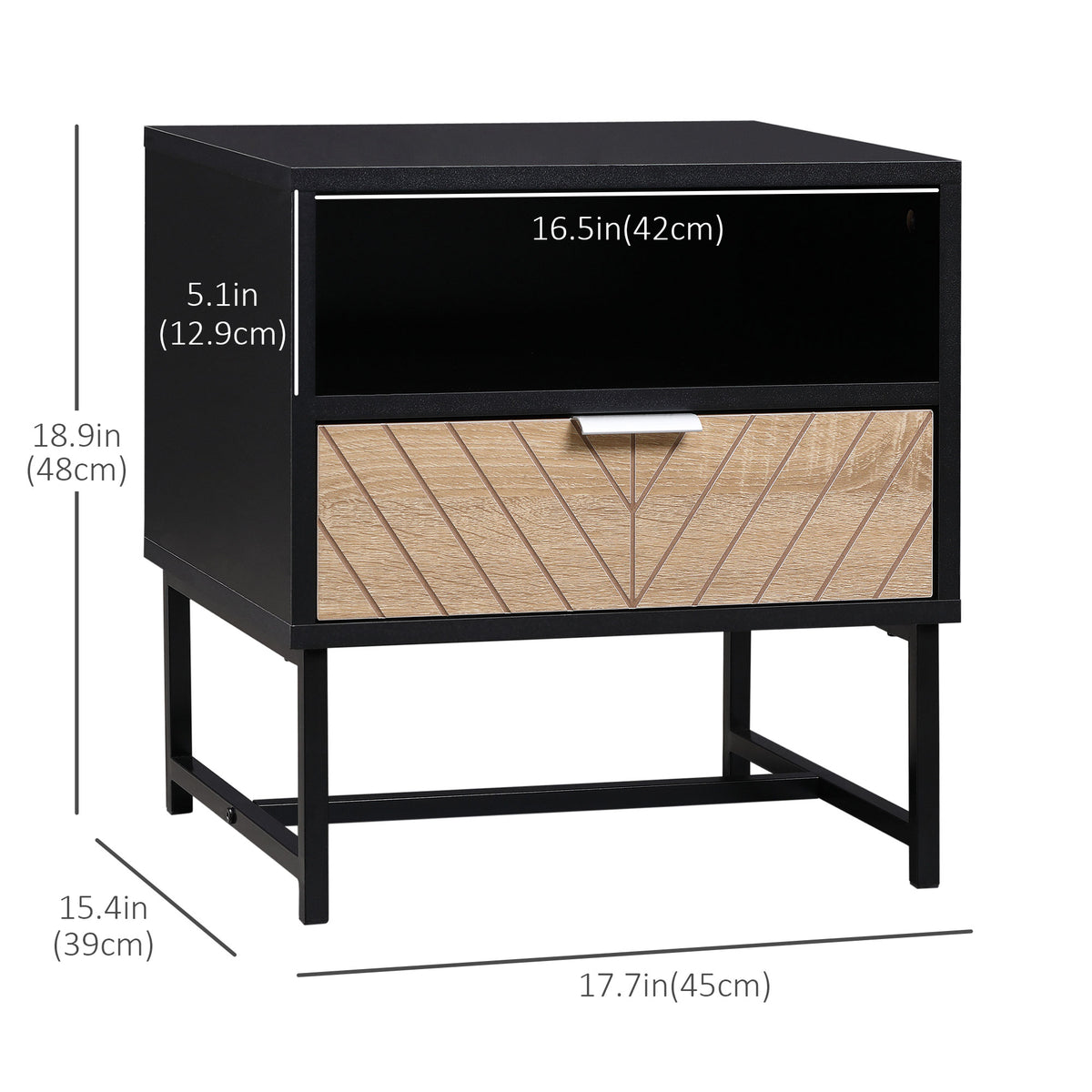 Modern Bedside Table with Drawer, Nightstand with Storage Shelf, Sofa End Table for Bedroom, Black and Oak