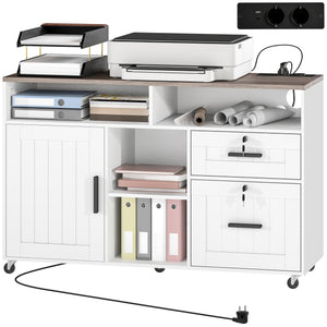 Mobile Printer Stand with Charging Station and USB Ports, Locking Filing Cabinet for A4 and Letter Size, White