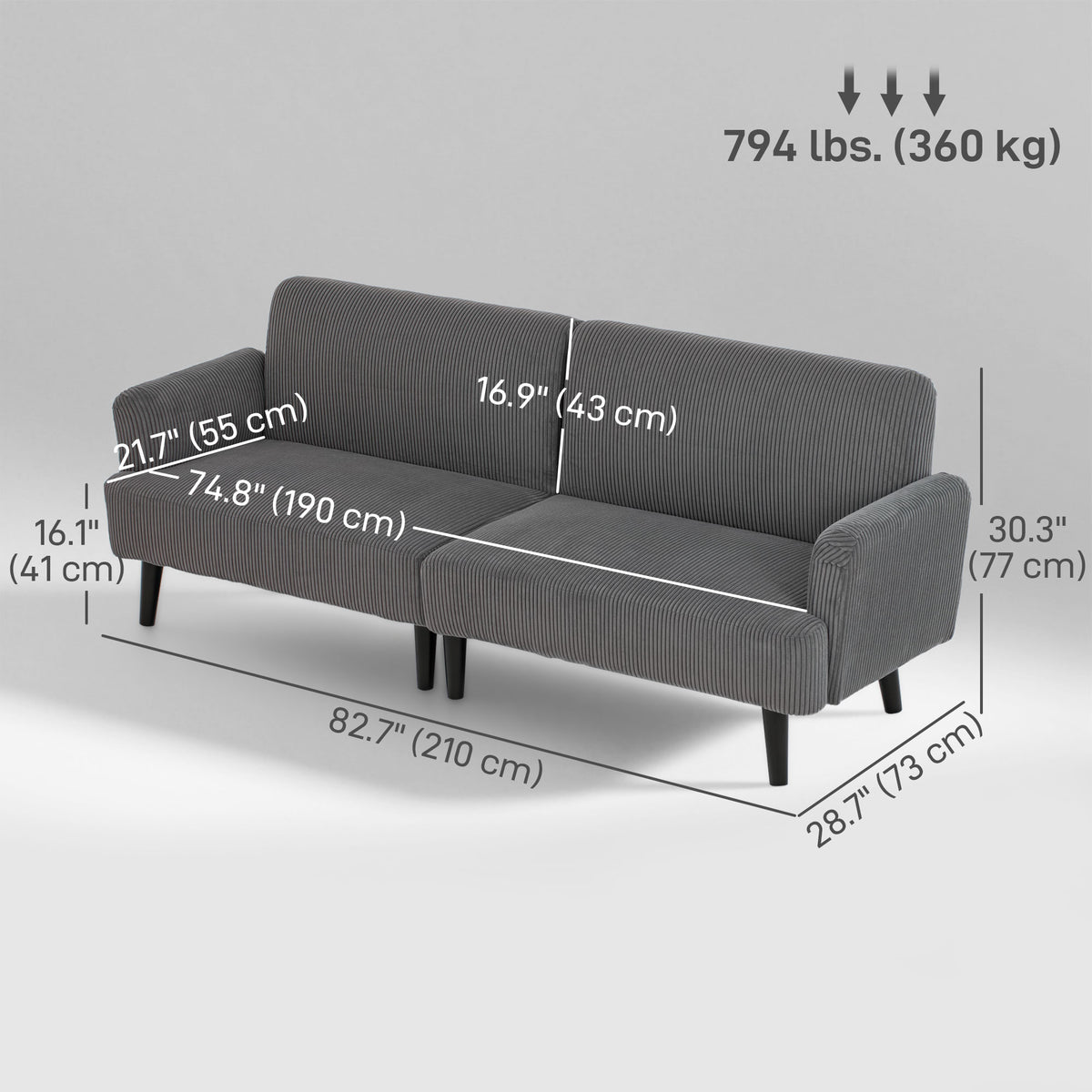 Modern Couch, 3 Seater Sofa, Corduroy Loveseat with Rubberwood Legs and Extra-Wide Seat, Grey