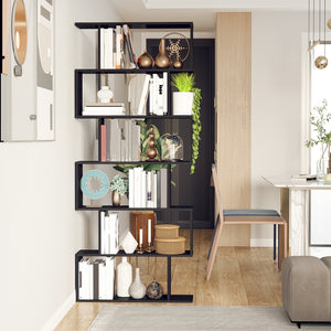 Wooden S Shape Bookcase 6 Shelves Storage Display Home Office Furniture