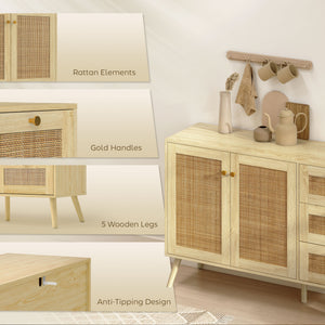 47" Buffet Cabinet with Soft-Close Doors, Rattan Sideboard with Drawers, Adjustable Shelf and Wooden Legs, Natural