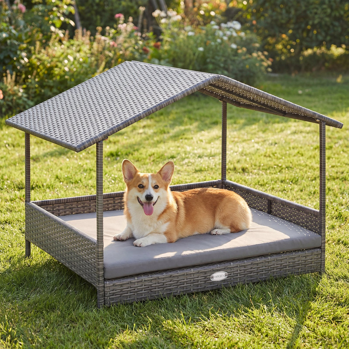 Wicker Dog House Elevated PE Rattan Dog Bed with Canopy-Gray view 2