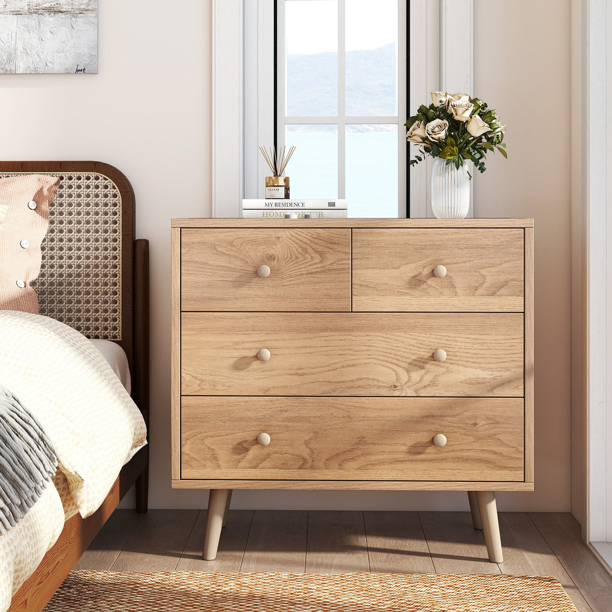 Wide Wooden Dresser with 4 Drawers for Bedroom Living Room-Natural view 2