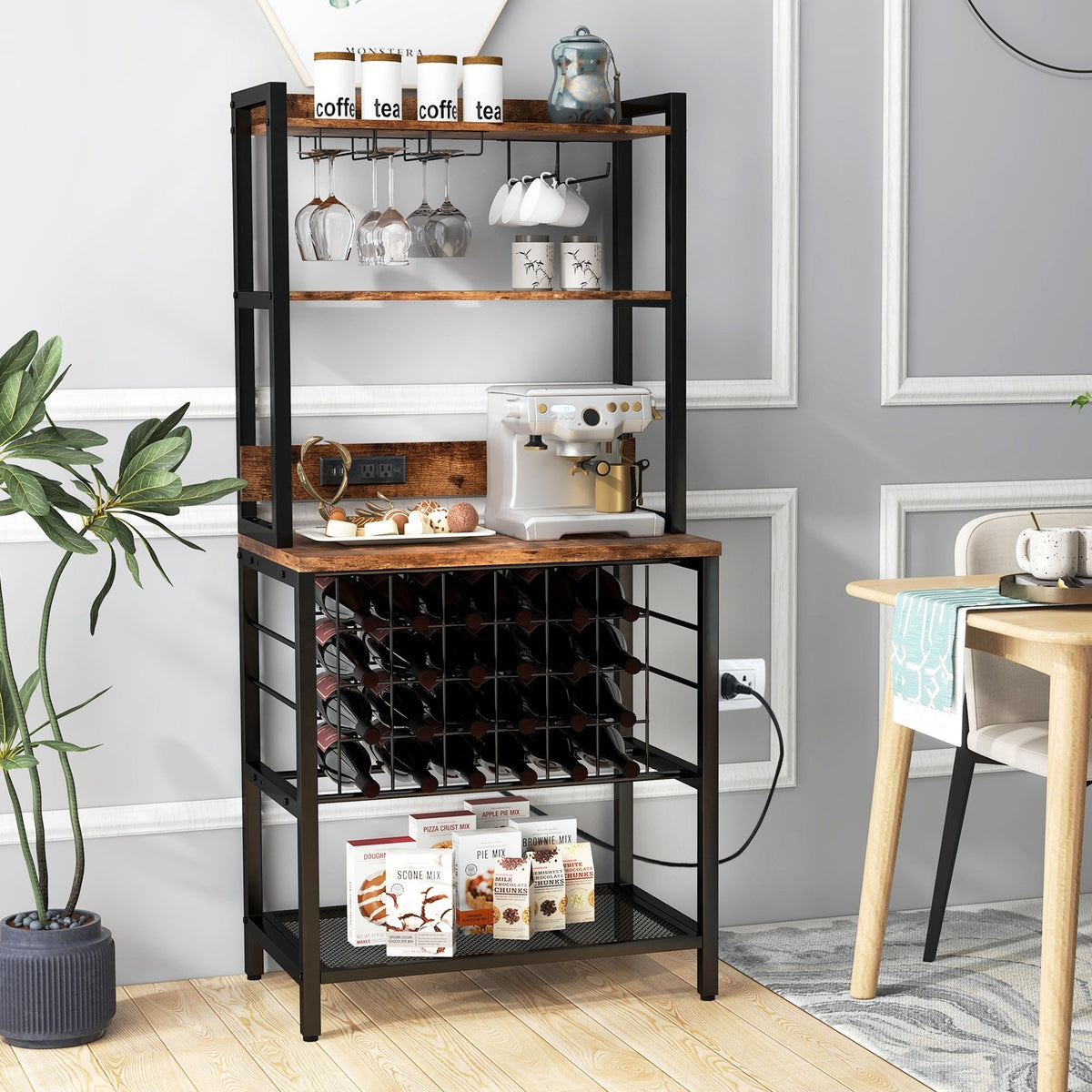 Wine Bar Cabinet Wine Rack with 4 Tier Storage Shelves and Glass Holders-Brown view 2