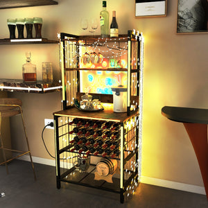 Wine Bar Cabinet Wine Rack with 4 Tier Storage Shelves and Glass Holders-Brown view 3