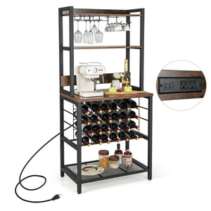 Wine Bar Cabinet Wine Rack with 4 Tier Storage Shelves and Glass Holders-Brown view 4