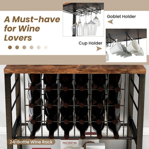 Wine Bar Cabinet Wine Rack with 4 Tier Storage Shelves and Glass Holders-Brown view 9