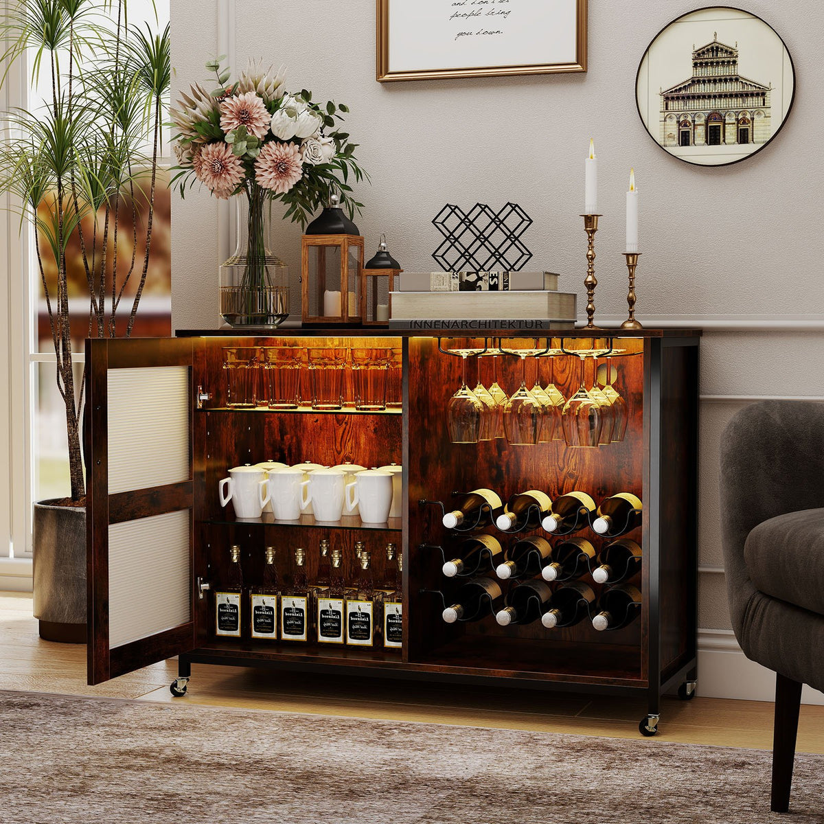 Wine Bar Cabinet with LED Light and Adjustable Shelves-Rustic Brown view 2