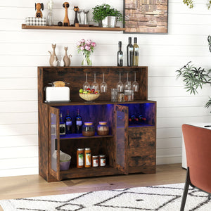 Wine Bar Cabinet with LED Lights and Charging Station-Rustic Brown view 2