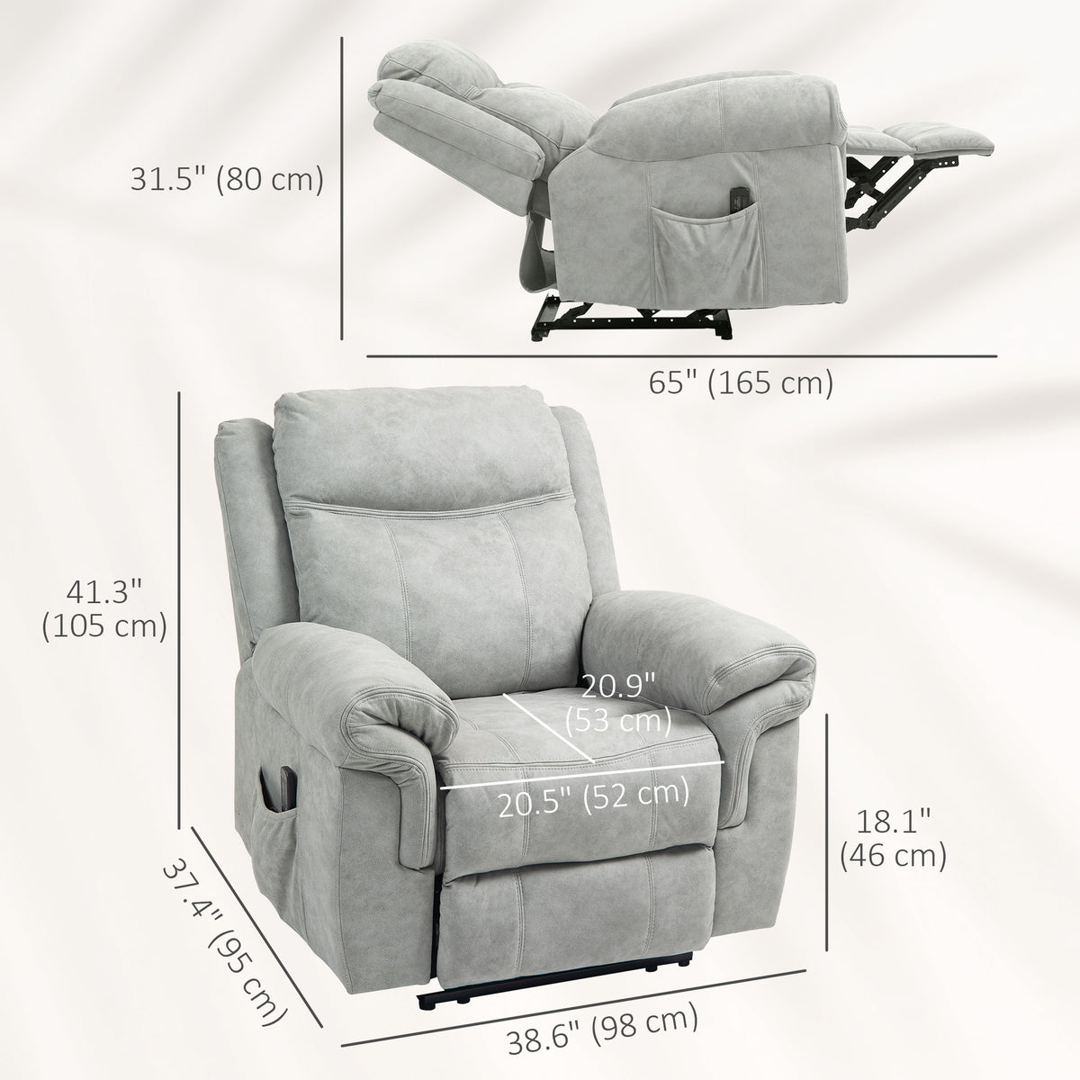 Manual Recliner Chair with Vibration Massage, Side Pockets, Microfibre Reclining Chair for Living Room, Grey