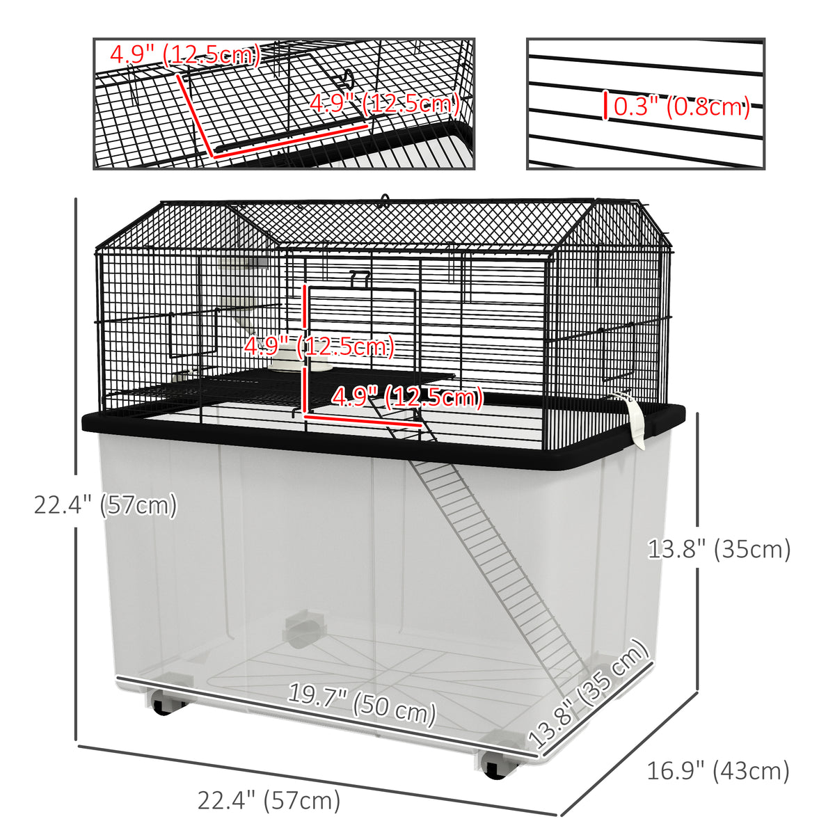Hamster House Gerbil Habitat for Dwarf Hamster with Wheels, Detachable Bottom - Black