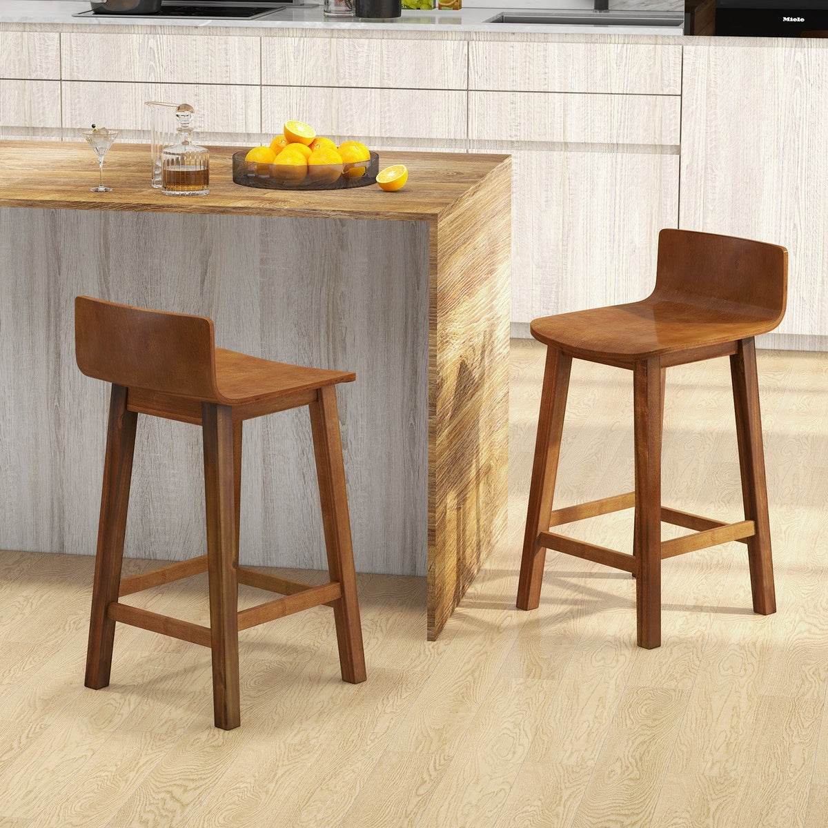 Wood Bar Stools Set of 2 with Solid Back and Seat-Brown view 2
