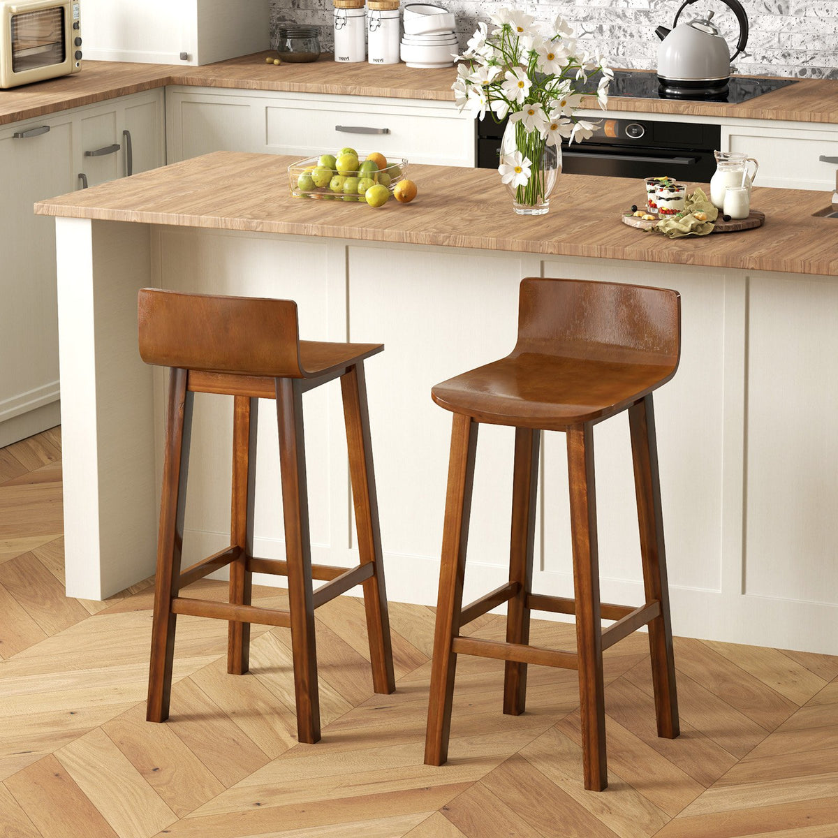 29 Inch Wood Bar Stools Set of 2 with Solid Back and Seat-Walnut view 2