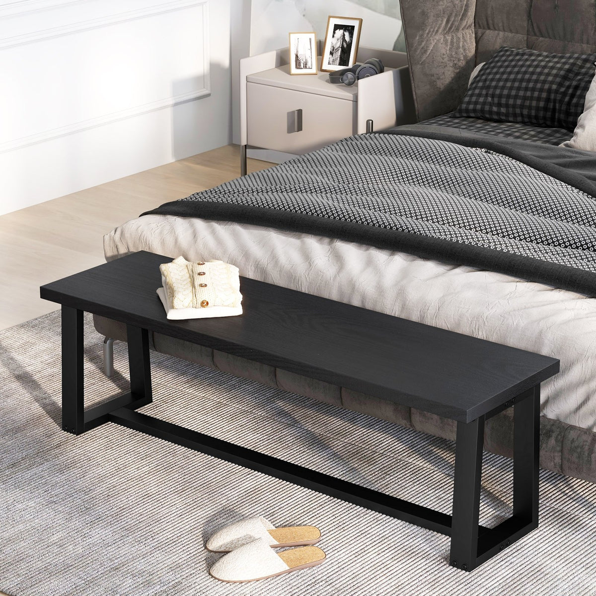 Wood Dining Bench with Metal Frame and Adjustable Footpads-Black view 2