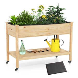 Wood Elevated Planter Bed with Lockable Wheels Shelf and Liner