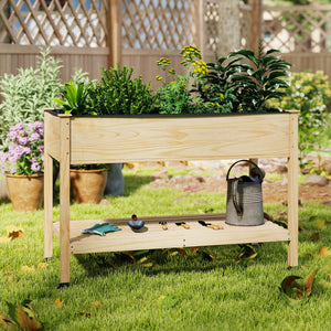 Wood Elevated Planter Bed with Lockable Wheels Shelf and Liner view 2