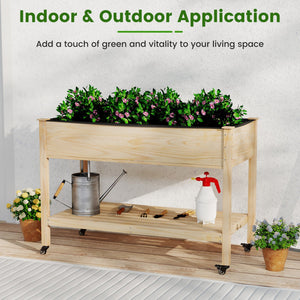 Wood Elevated Planter Bed with Lockable Wheels Shelf and Liner view 4