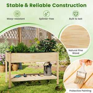 Wood Elevated Planter Bed with Lockable Wheels Shelf and Liner view 5