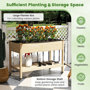 Wood Elevated Planter Bed with Lockable Wheels Shelf and Liner view 8