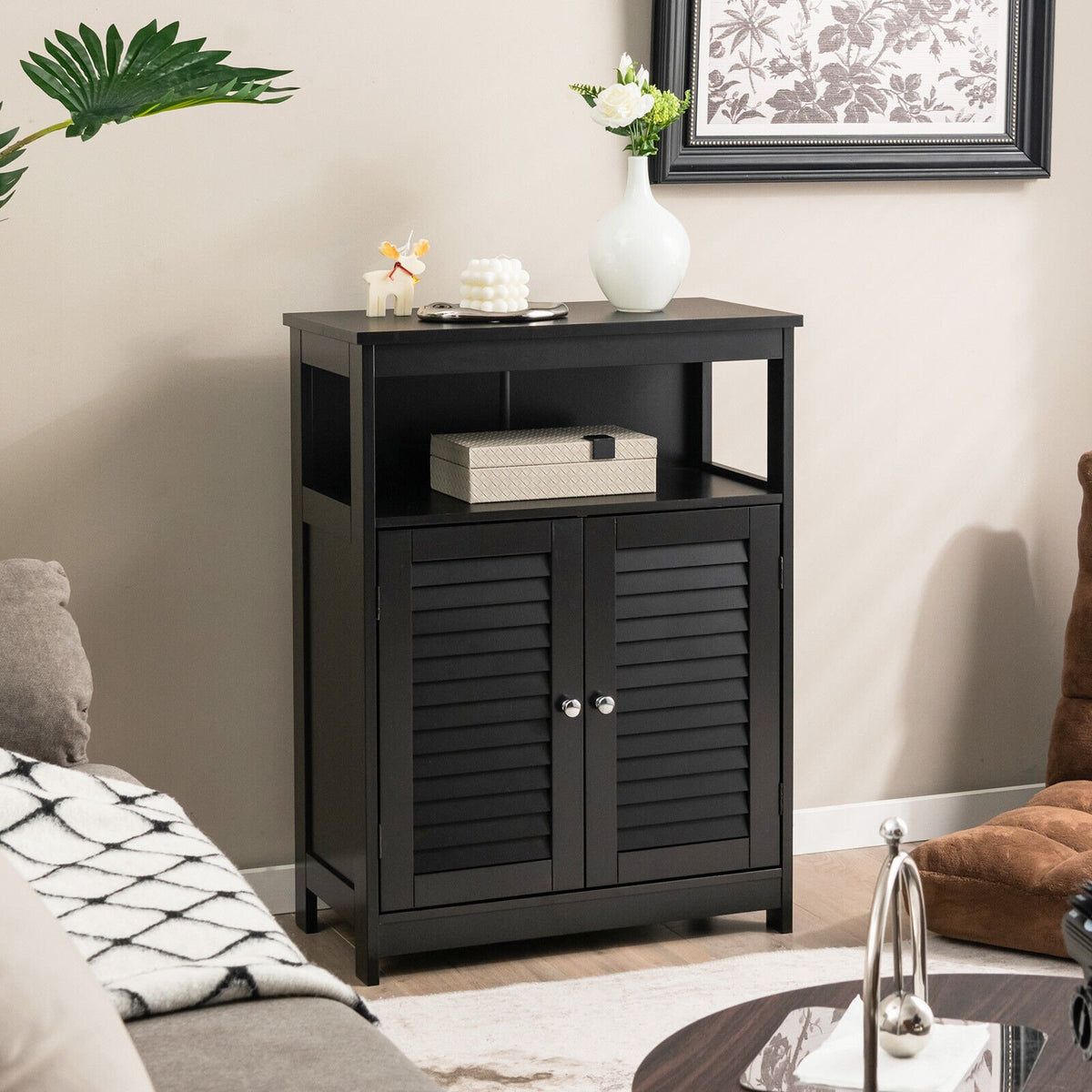 Wood Freestanding Bathroom Storage Cabinet with Double Shutter Door-Black view 2