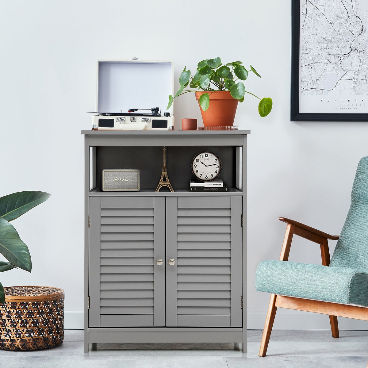 Wood Freestanding Bathroom Storage Cabinet with Double Shutter Door-Gray view 2