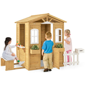 Wood Playhouse with Bench and Serving Stations for 2+ Years Old Kids view 4