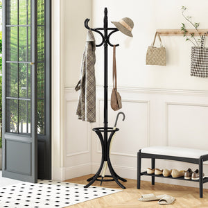 Wood Standing Hat Coat Rack with Umbrella Stand-Black view 2