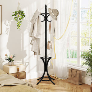 Wood Standing Hat Coat Rack with Umbrella Stand-Black view 3